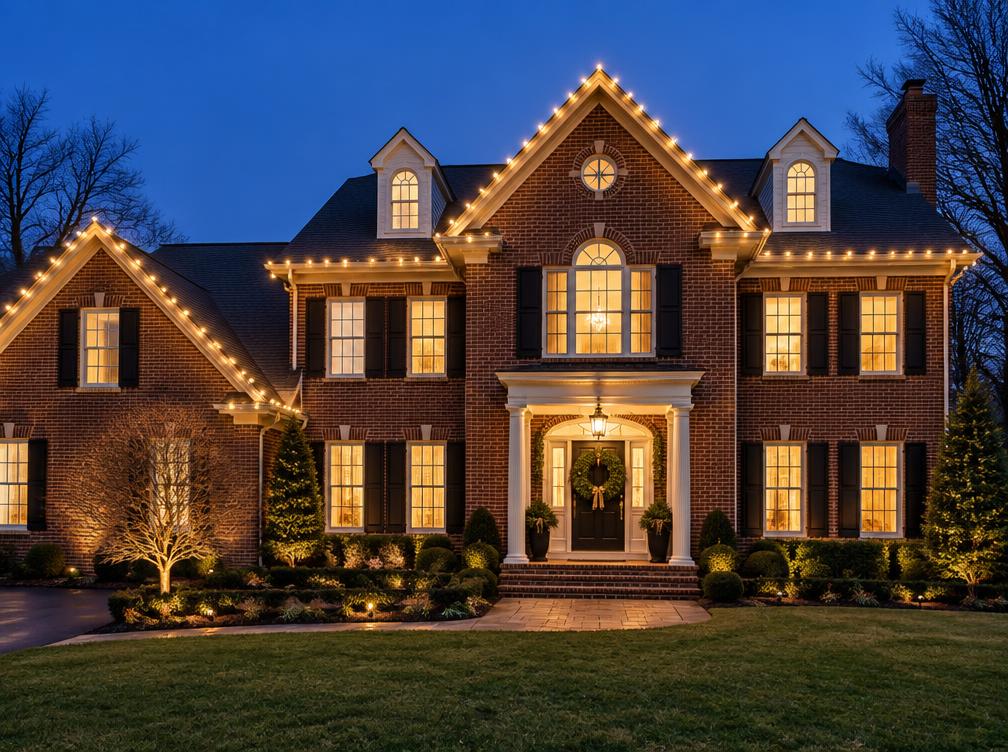 Brick colonial home with warm white roofline lights at dusk