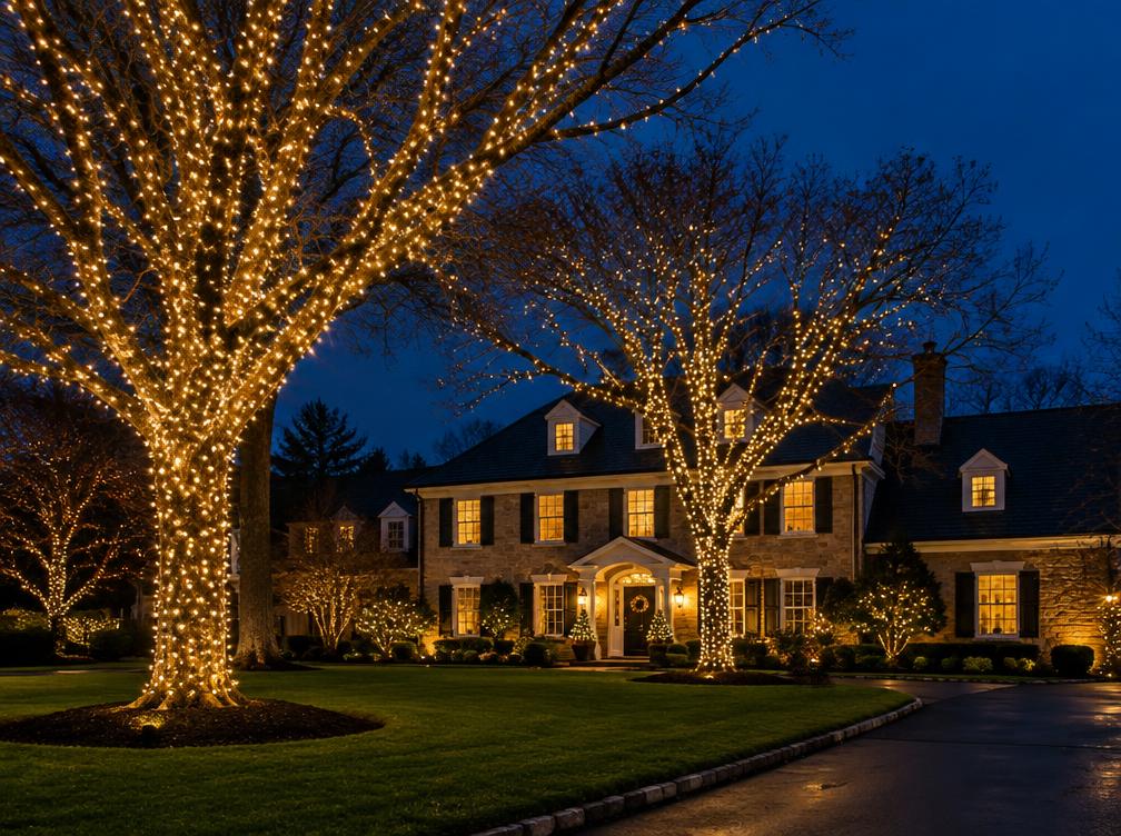 Front yard trees wrapped in warm white lights