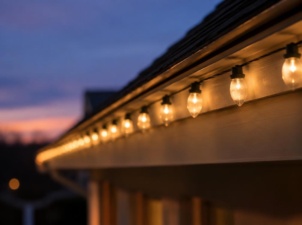 Close-up of C9 bulbs along a roofline at twilight